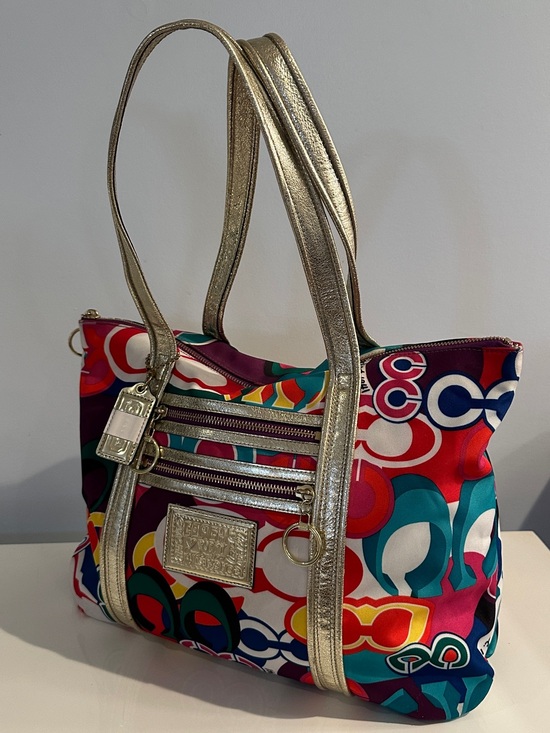 Coach Handbags - Coach Poppy Multicolor Signature Glam Tote Bag Metallic Gold Trim Large